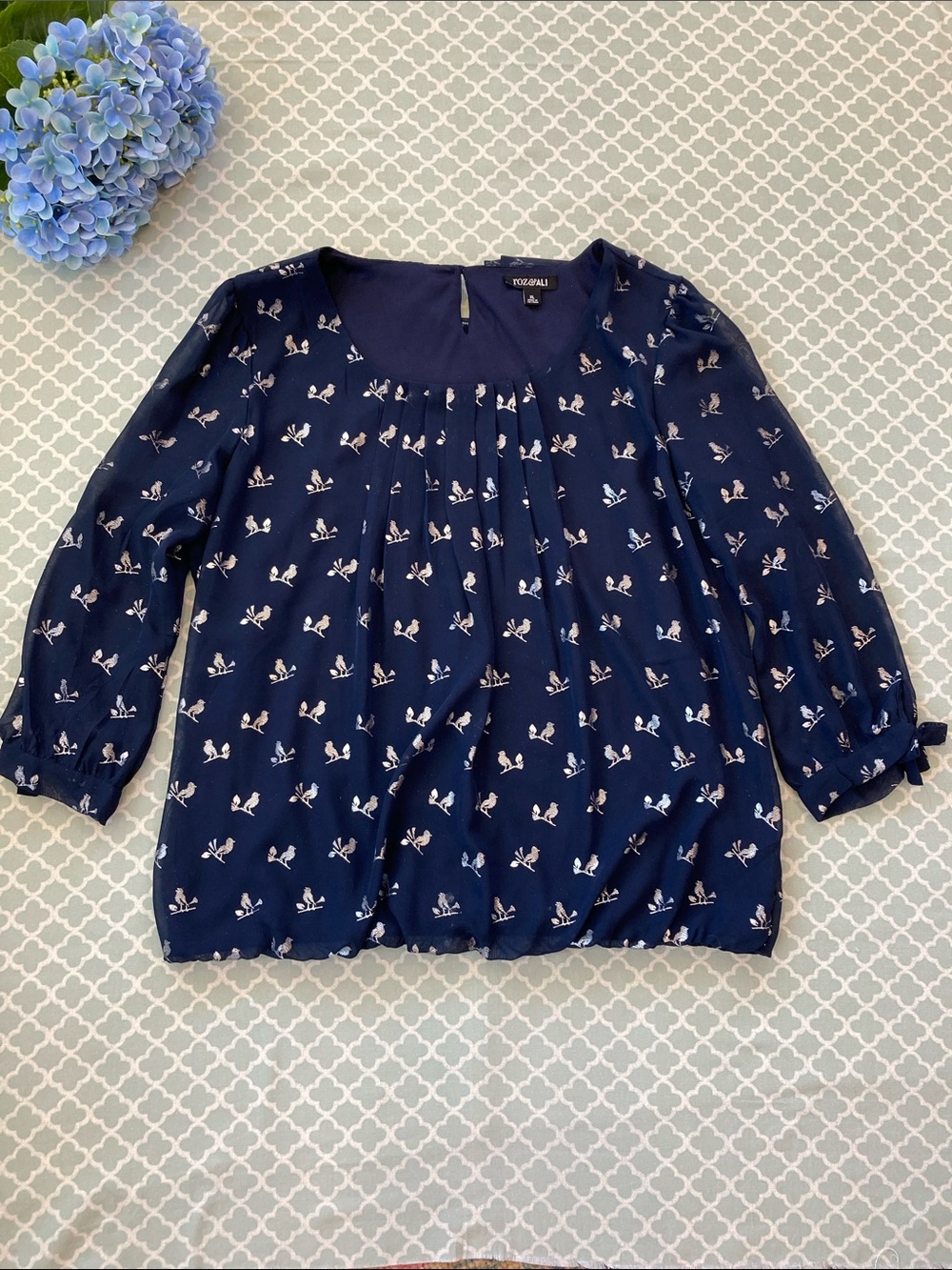 Roz & Ali Navy Silver Bird Print Bubble Hem Blouse XL